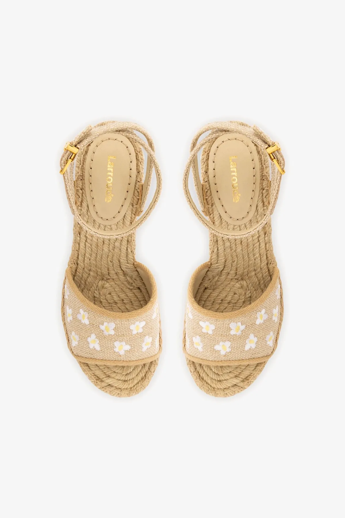 Letizia Espadrille Wedge In Raw Linen and Daisy Embroidery