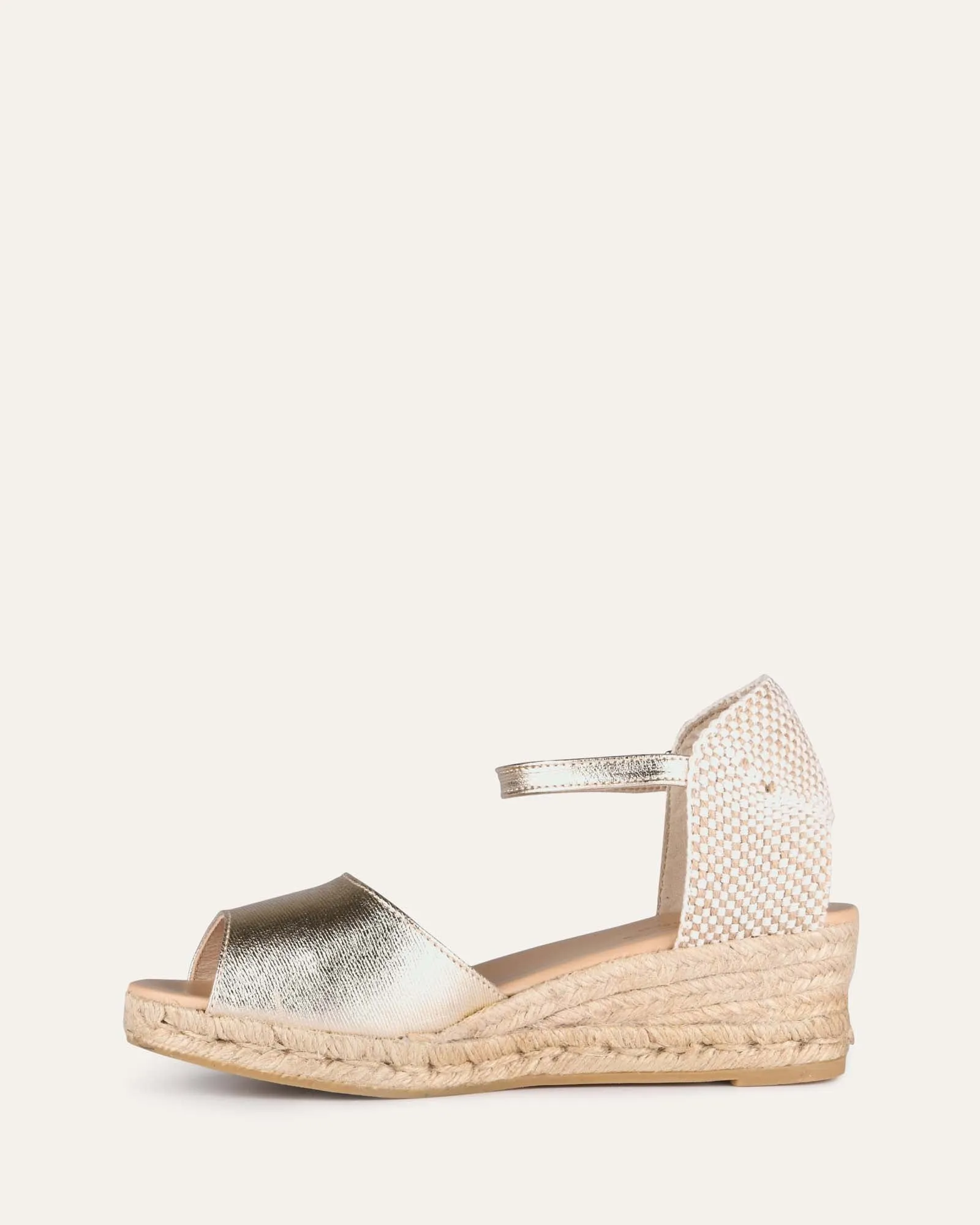 SANNA LOW HEEL WEDGE ESPADRILLE SANDALS GOLD LEATHER