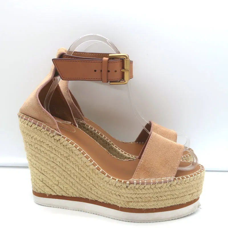 See by Chloe Glyn Platform Espadrille Wedge Sandals Beige Suede Size 37