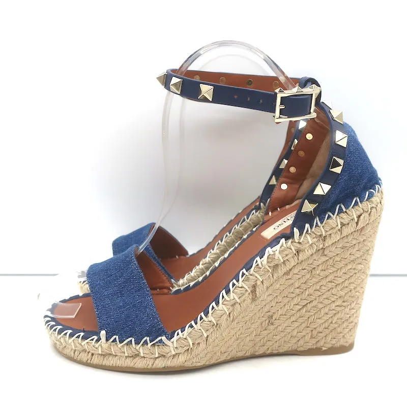 Valentino Denim Rockstud Espadrille Wedge Sandals Blue Leather Size 36 NEW