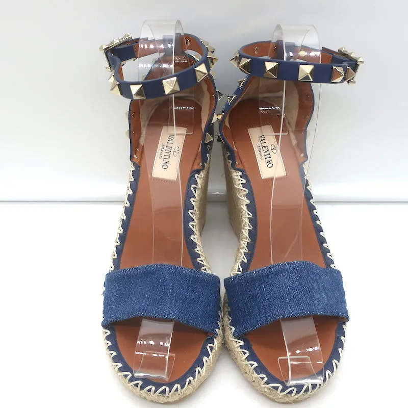 Valentino Denim Rockstud Espadrille Wedge Sandals Blue Leather Size 36 NEW