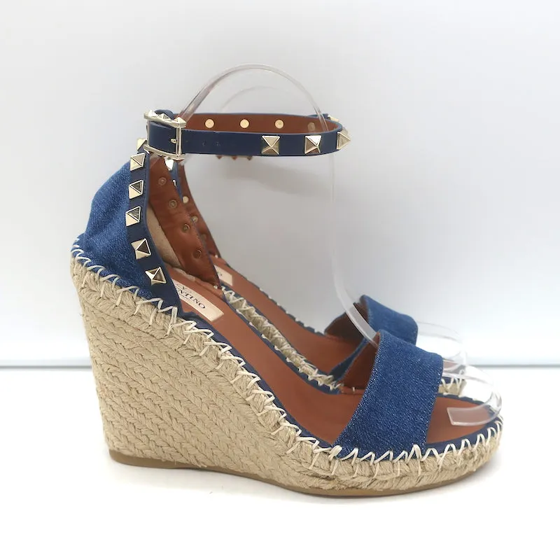 Valentino Denim Rockstud Espadrille Wedge Sandals Blue Leather Size 36 NEW