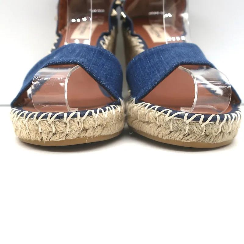 Valentino Denim Rockstud Espadrille Wedge Sandals Blue Leather Size 36 NEW