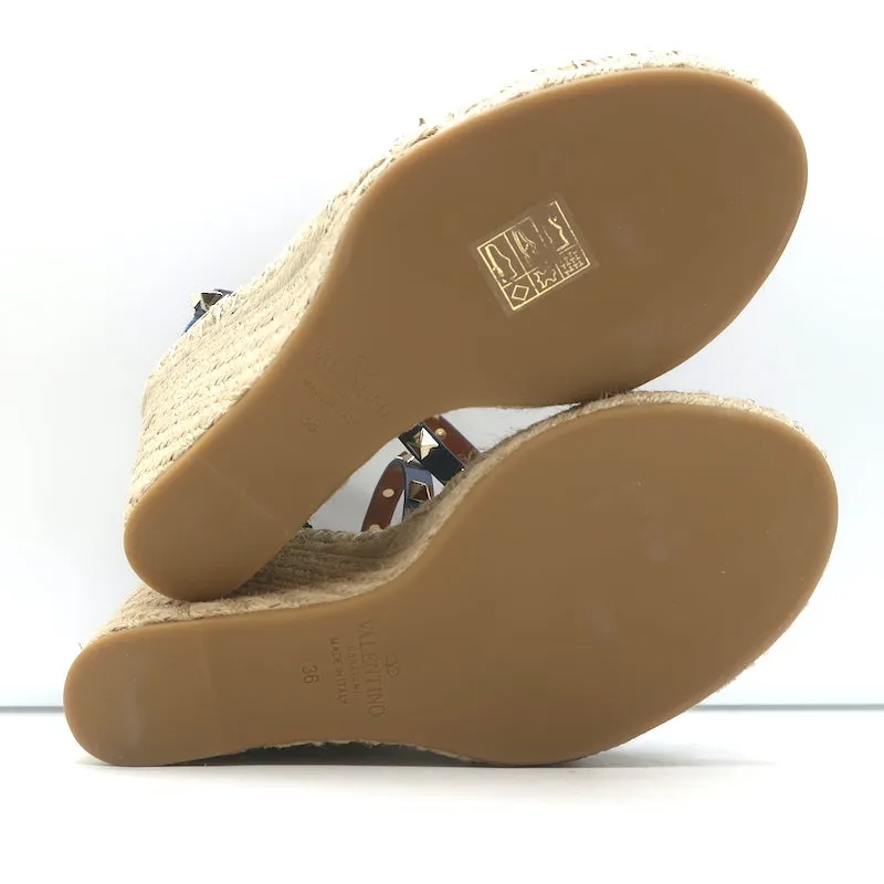 Valentino Denim Rockstud Espadrille Wedge Sandals Blue Leather Size 36 NEW
