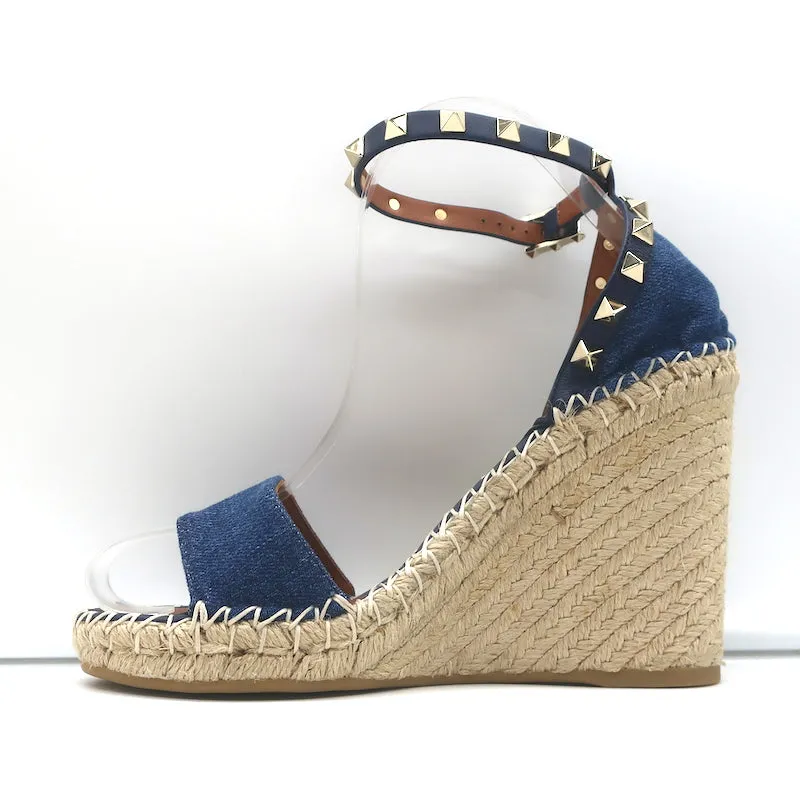 Valentino Denim Rockstud Espadrille Wedge Sandals Blue Leather Size 36 NEW