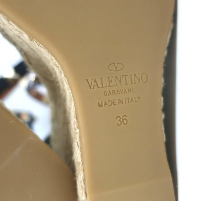 Valentino Denim Rockstud Espadrille Wedge Sandals Blue Leather Size 36 NEW